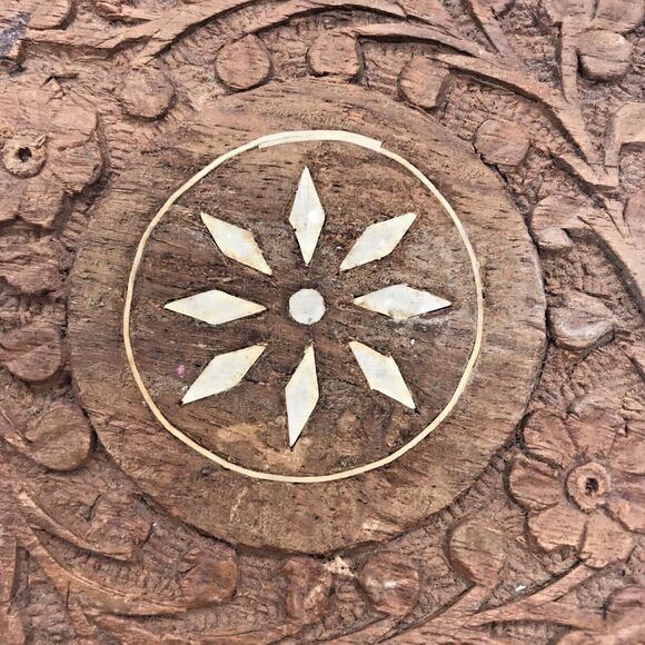 Vintage Hand Carved Wooden Box Inlay Flower Leaves Made In India Hinged Square - Picture 2 of 15